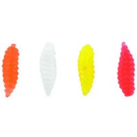 4005652839882 - Feedermaster, Soft Casters - 15mm. - Farve:Ass.mix - Baittype:Maggots - 001 6210 015<br>The bait is combined with natural bait on the hook. Thanks to their buoyancy they neutralise the dead weight of the hook and hence afford the genuine baits much more natural presentation. The bright-coloured maggots arouse the attention of the fish in cloudy waters. Very natural shape, 15 fletline, colours: yellow, orange, Japanese red and white. Content: 40 pieces, each colour 10 pieces.