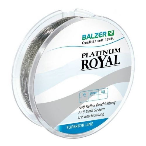 4005652116051 - Platinum Royal line - Rullekapacitet:300M. - Brudstyrke:13.5kg. - Farve:Gr&aring; - 001 2302 035<br>By using state-of-the-art polymers the Platinum has significant great resistance to abrasion, yet it remains just as supple as ever. The AntiTwist system developed by Balzer reduces line-twisting to a minimum. The special anti-reflex coating ensures inconspicuous bait presentation even on bright days or in clear water. 
Highly compressed molecules ensure maximum load-bearing capacities, UV protective coating, Extremely high resistance to abrasion, Incredibly little elongation, Extremely supple for maximum casting distances, AntiTwist system reduces twisted lines to a minimum.