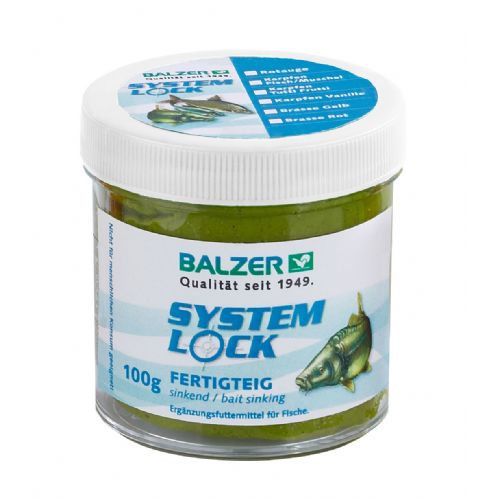 4005652169767 - System Lock ready-made dough - Vægt:100g. - Farve:Grøn - Baittype:Synkende - Smag/duft:Carp/Tench - Fish/Mussel - 001 8479 001<br>Very catchy ready-made paste prepared according to proven recipes. The dough is enriched with lots of amino acids and intense, natural flavors. Despite its flexibility the dough adheres very well on the hook.