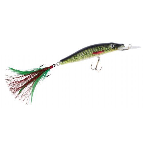 4005652184937 - MK Adventure Deeprunner - 100mm. - Vægt:15g. - Farve:Pike - arbejdsdybde300cm - Baittype:Flydende - 001 3400 110<br>Here is the long-desired model: Pike with streamer tail now at last available complete. Its very sweeping, snake-like movements contrasts stronglywith all the others which are cranked through their waters. Excessively hectic movements frighten off big pikes, they have already seen too many. The unusually curvy presentation makes all pike go mad. No Esox could possibly habe any doubts about the completely new pike design and the plump shape of the model: “Here is a competitor seeking topenetrate my territory!” The logical consequence is a violent attack. And if it has to be a bit more snappy, it is sufficient to exchange the streamer tail for a treble hook, and the deflections are then hard and flankig. Type: floating, diving depth: 10 and 13cm: 1-3m; 16cm: 2.5-4m