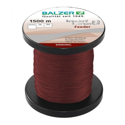 4005652803982 - Iron Line 8 feeder fletline, synkende - Rullekapacitet:1500M. - Brudstyrke:9.8kg. - Farve:M&oslash;rkr&oslash;d - 001 2668 012<br>Ironline® 8: our high performance line with 8-fold braiding and a sensational price/performance ratio! Balzer’s Ironline 8 boasts an eightfold braided high-performance line with an excellent load-bearing capacity. The line is impressive thanks to a soft, yet abrasion-resistant surface that enables the line to slide silently through the guides and which facilitates enormous casting distances. Thanks to the fact that it hardly stretches at all, you have direct contact to both bait and fish. In the Ironline 8 series you can find the right line for all types of fishing; what’s more at fantastic prices! 

Features: 8-fold braiding, Round braiding, 100% PE fibre, High loadbearing capacities, Very soft surface, High abrasion resistance, Extremely little stretching, UV protected. 

Iron Line Feeder: In addition to PE fibres most sinking braided lines are additionally processed with other fibres which ensure that the line sinks because PE fibres float. The serious disadvantage is that it is at the expense of the load-carrying capacity. Not so with the Ironline Feeder: It consists to 100% of strong PE fibres and therefore has the same carrying capacity as the other Ironline 8 lines. It gets its sinking characteristics by a special refining process, which is probably unique!