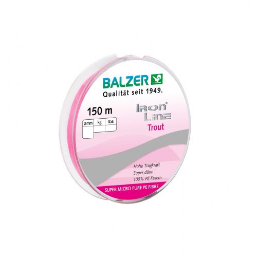 4005652815817 - Iron Line ørred - Rullekapacitet:150M. - 0.06mm - Brudstyrke:4.1kg. - Farve:Pink - 001 2649 006<br>Iron Line Trout: The thinnest Ironline. consisting of 3 PE high-performance fibers. Developed in cooperation with our Trout Attack Team for fishing with our rubber worms “Trout Collector” and Spoons. The extremely thin diameter and the smooth surface bring even the smallest baits on distance.