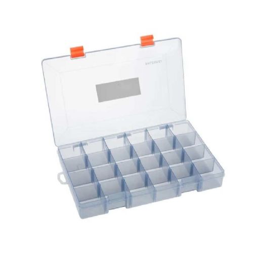 4005652818726 - Shirasu grej&aelig;ske - Farve:Transparent - 001 1936 400<br>Shirasu Tackle box, which feature a large number of compartments, making them ideal for tackles such as swivels, hooks, lures and so on. Thanks to the removable compartment separators, the compartments can be individually enlarged. The boxes are protected against UV light, so that the tackle does not fade even in strong sunlight. With 24 variable compartments.
