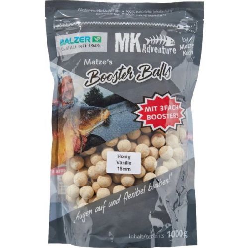 4005652820637 - MK Booster Balls - Vægt:1000g. - Farve:Hvid - Smag/duft:Honey/Vanilla - 001 8597 007<br>Matze´s “Booster Balls” come along with completely new characteristics. Their feature is to deliver the valuable goodness of the protein balls even faster to the water. The balls release their luring effect all the more effectively, and draw fish to the fodder place from a large radius. Furthermore Matze has improved the softness of the balls. Despite an unbelievably attractive consistency, which verifiably catches more fishes, they stay on the hook throughout the night. For extreme white fish or problems with crabs, one can easily re-harden the Booster Balls. Simply leave them lying open for a few days until the desired degree of hardness is reached. 

Contents: 1000g, resealable bag, 100% natural ingredients.