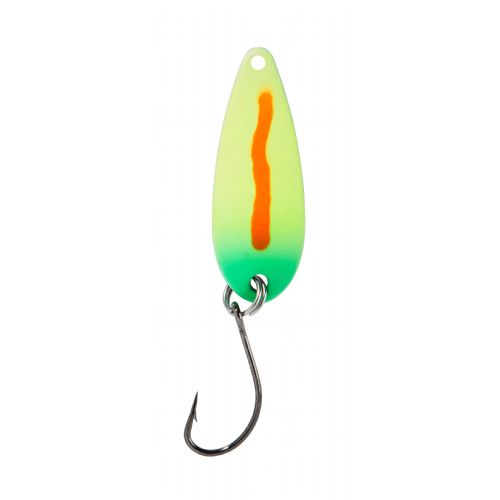 4005652821672 - Pro Staff Series Swindler Spoon - 30mm. - Vægt:2.3g. - Farve:Gul/grøn/orange stribe, UV - 001 6067 215<br>With a tumbling run for more passive trouts. Can be guided extremely slow. Top in the cold season.