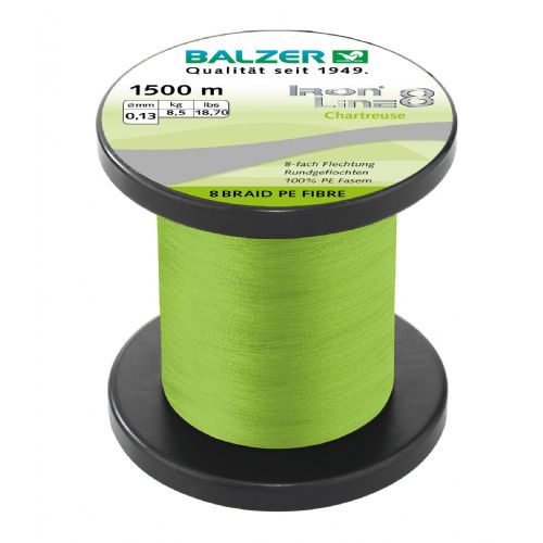 4005652828169 - Iron Line 8 fletline - Rullekapacitet:1500M. - 0.12mm - Brudstyrke:9.8kg. - Farve:Chartreuse - 001 2659 012<br>Ironline® 8: our high performance line with 8-fold braiding and a sensational price/performance ratio! Balzer’s Ironline 8 boasts an eightfold braided high-performance line with an excellent load-bearing capacity. The line is impressive thanks to a soft. yet abrasion-resistant surface that enables the line to slide silently through the guides and which facilitates enormous casting distances. Thanks to the fact that it hardly stretches at all. you have direct contact to both bait and fish. In the Ironline 8 series you can find the right line for all types of fishing; what’s more at fantastic prices! 

Features: 8-fold braiding. Round braiding. 100% PE fibre. High loadbearing capacities. Very soft surface. High abrasion resistance. Extremely little stretching. UV protected. 

Iron Line Spin yellow: Thanks to its very clear visibility it is an ideal spin line.
