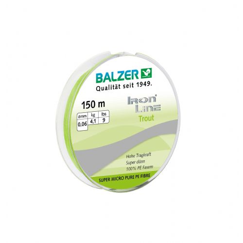 4005652828268 - Iron Line ørred - Rullekapacitet:150M. - 0.06mm - Brudstyrke:4.1kg. - Farve:Chartreuse - 001 2650 006<br>Iron Line Trout: The thinnest Ironline. consisting of 3 PE high-performance fibers. Developed in cooperation with our Trout Attack Team for fishing with our rubber worms “Trout Collector” and Spoons. The extremely thin diameter and the smooth surface bring even the smallest baits on distance.