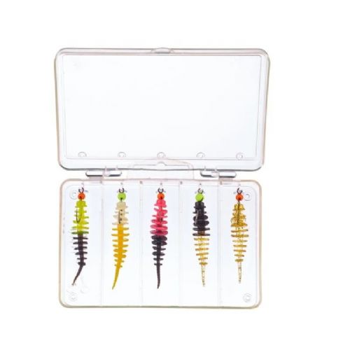 4005652829081 - Trout Collector, sortiment af formonterede gummidyr - 50mm. - Vægt:1.0g. - Farve:Mix 1 - Smag/duft:Hvidløg - 001 6077 105<br>Nothing could be more practical: Our successful Trout Collectors, ready mounted on our
hooks with tungsten heads in the practical tackle box with Euro hanger. As a guide, we have put together the same four mixes as we have already done for the Collectors in the jars. Contents: 5 Trout Collectors, 5cm, 5 hooks (size 8) with tungsten heads: 3x 0.45g and 2x 0.73g)