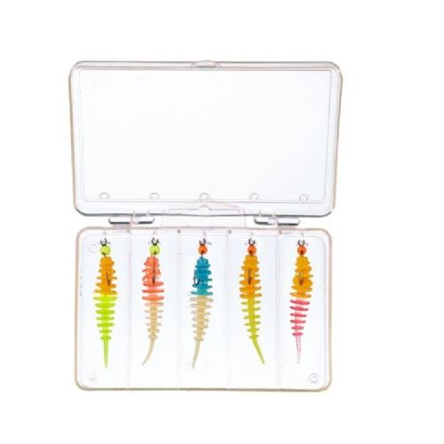 4005652829111 - Trout Collector, sortiment af formonterede gummidyr - 50mm. - Vægt:1.0g. - Farve:Mix 4 - Smag/duft:Hvidl&oslash;g - 001 6077 405<br>Nothing could be more practical: Our successful Trout Collectors, ready mounted on our
hooks with tungsten heads in the practical tackle box with Euro hanger. As a guide, we have put together the same four mixes as we have already done for the Collectors in the jars. Contents: 5 Trout Collectors, 5cm, 5 hooks (size 8) with tungsten heads: 3x 0.45g and 2x 0.73g)