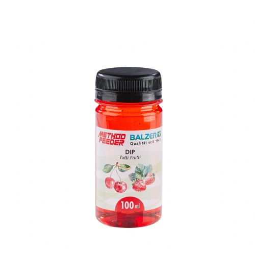 4005652845562 - Method Feeder dip, 100ml - Farve:Rød - Smag/duft:Tutti Frutti - 001 8512 002<br>The dips are of a tough, very sticky consistency. Plenty stays on and it is so firm that nothing is lost even when casts are made over long distances. In the water the dip slowly disintegrates and releases the ingredients for stimulating feeding evenly into the water over a long period of time. Contents 100ml.