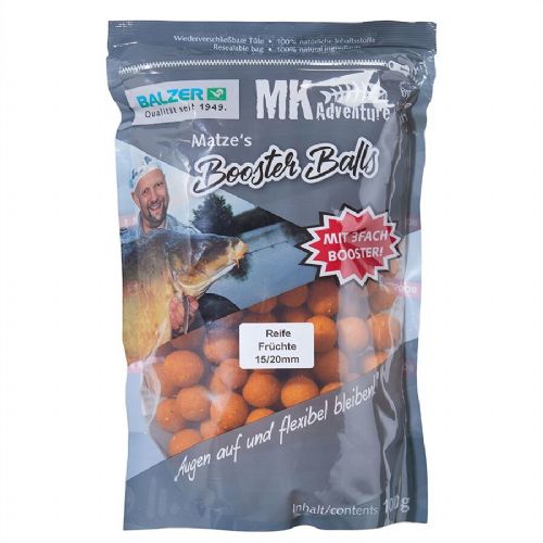4005652846903 - MK Booster Balls Boilies mix 15/20mm - Vægt:1000g. - Farve:Orange - Smag/duft:Ripe Fruits - 001 8598 010<br>Matze‘s latest idea: He combines 15 and 20mm boilies in a resealable bag! Especially in spring it is extremely dependent on the weather conditions which bait size the carp prefer. If it‘s still relatively cold, the 15mm boilies are usually the right choice, but if it gets warmer, the fish prefer larger baits. By mixing 15 and 20mm you are super flexible. Another big plus is the extra soft consistency of the boilies. On the one hand, they give off more aromas and, on the other hand, suspicious fishes suck them in much more easily than hard boilies. Supplied in resealable stand-up pouches. Boilie size: 15+20 fletline, content: 1000g.