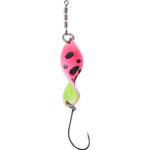 4005652856346 - Pro Staff Series Shooter Spoon - 27mm. - Vægt:2.5g. - Farve:Pink Leopard, UV - 001 6041 003<br>This spoon is a real highlight: its unique propeller shape makes it turn on its own axis at the slightest pull, which drives the trout absolutely crazy. In our numerous tests, the Shooter also lured completely passive fish to bite. As it can be used extremely slowly, it is also a top spoon for winter fishing. The front and back of each spoon have contrasting colours which create a unique play of colours when turned. Each spoon features a micro triple swivel that safely prevents line twist. Can be thrown very far. Available in 2.5g and 3.5g.
