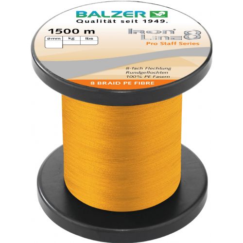 4005652860329 - Iron Line 8 fletline - Rullekapacitet:1500M. - Brudstyrke:8.1kg. - Farve:Orange - 001 2646 010<br>Balzer’s Ironline 8 boasts an eightfold braided high-performance line with an excellent load-bearing capacity. The line is impressive thanks to a soft, yet abrasion-resistant surface that enables the line to slide silently through the guides and which facilitates enormous casting distances. Thanks to the fact that it hardly stretches at all, you have direct contact to both bait and fish. In the Ironline 8 series you can find the right line for all types of fishing; what’s more at fantastic prices! 

Features: 8-fold braiding, round braiding, 100% PE fibre, high load-bearing capacities, very soft surface, high abrasion resistance, extremely little stretching, UV protected. 

Iron Line Spin orange: Excellent for fishing with soft lures thanks to its good visibility.