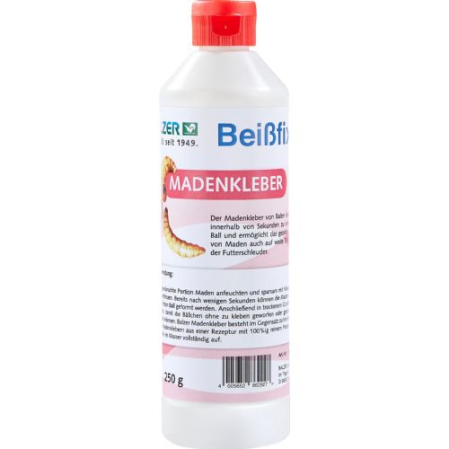 4005652862927 - Feedermaster, maddike lim - 001 8780 200<br>Maggot glue Beissfix: The maggot glue from Balzer sticks maggots into a tight ball within seconds and enables targeted feeding of maggots even over long distances with the catapult. Content 250g.